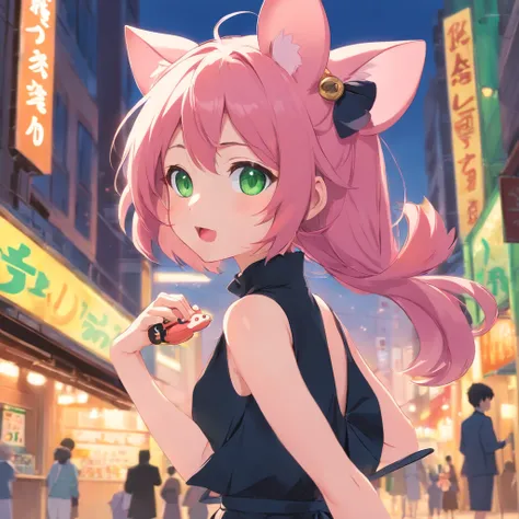 best quality,ultra-detailed,green eyes,pink hair,black dress,toy mouse hanging from mouth,solo,neko