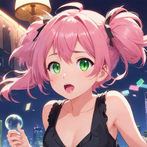 best quality,ultra-detailed,green eyes,pink hair,black dress,toy mouse hanging from mouth,solo,neko