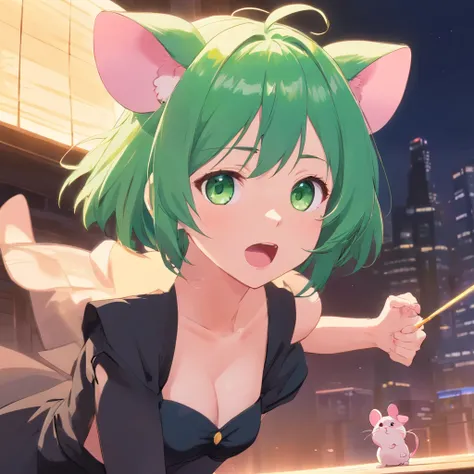 best quality,ultra-detailed,green eyes,pink hair,black dress,toy mouse hanging from mouth,solo,neko