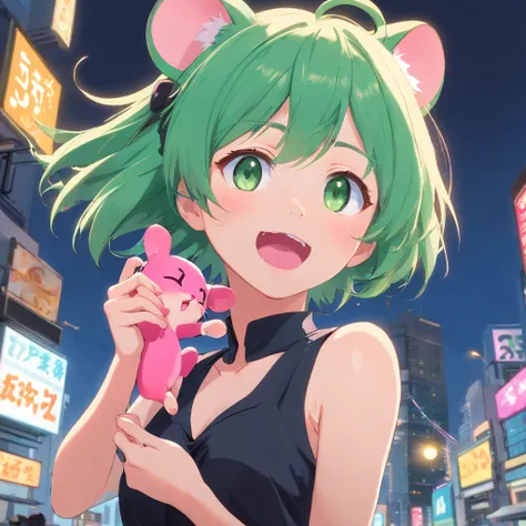 best quality,ultra-detailed,green eyes,pink hair,black dress,toy mouse hanging from mouth,solo,neko