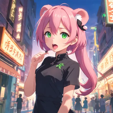 best quality,ultra-detailed,green eyes,pink hair,black dress,toy mouse hanging from mouth,solo,neko