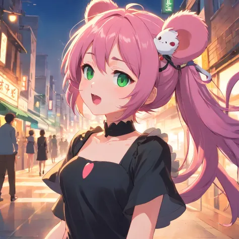 best quality,ultra-detailed,green eyes,pink hair,black dress,toy mouse hanging from mouth,solo,neko