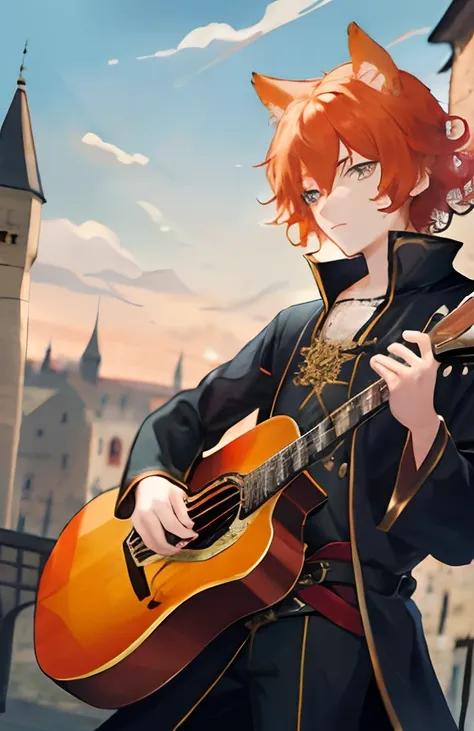 Bard with a guitar in his hands, handsome male , redhead hair , Cats ears, curly hair, closed clothing,  Medieval town in the background, Beautiful Amber Eyes , higly detailed, hiquality, sharp-focus