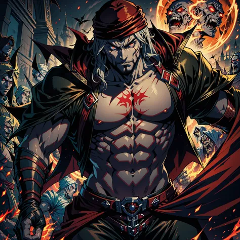 Castlevania Hyper Realistic Shadow Lord Super Detailed Dynamic Shooter Master of Lord Dracula Medieval Arab Warrior with Red Turban Scary Face Hokuto No Ken Structure Muscular Face Kenshiro Out of Hell with His Army of Demons