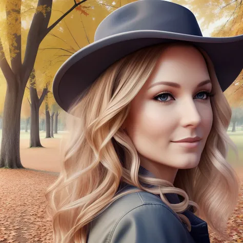 Beautiful gorgeous woman in the park, 40 years old Russian, curly light yellow long hair, lots of hair, photo realism, autumn background --auto --s2