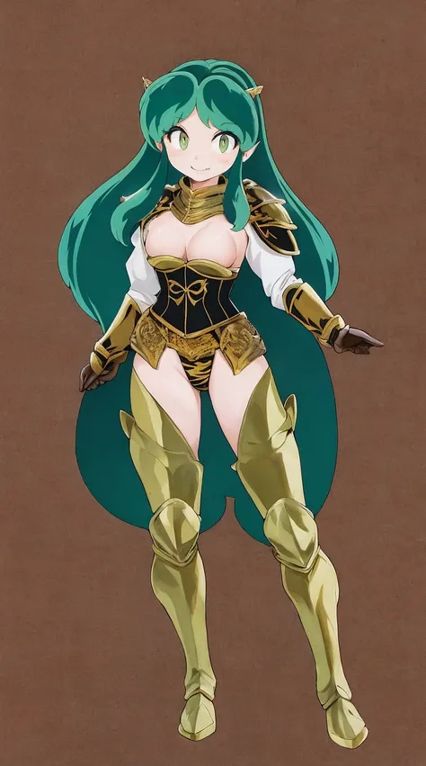 masterpiece, best quality,medieval armor, corset, breastplate,lum, , urusei yatsura, cloak, pants, pullover, kimono,martial pov,, pantyhose, sharpteeth, standing,smile, matial art,, full body, boots , pant, medium breast, pants, pullover,martial pov