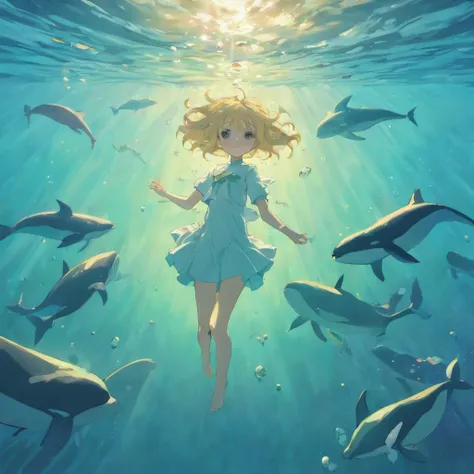 illustration：The boy in white swims with whales at the bottom of the sea，The surrounding bubbles slowly rise，Sunlight shines obliquely into the water。