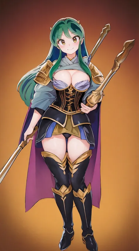 masterpiece, best quality,medieval armor, corset, breastplate,lum, , urusei yatsura, cloak, pants, pullover, kimono,martial pov,, pantyhose, sharpteeth, standing,smile, matial art,, full body, boots , pant, medium breast, pants, pullover,martial pov