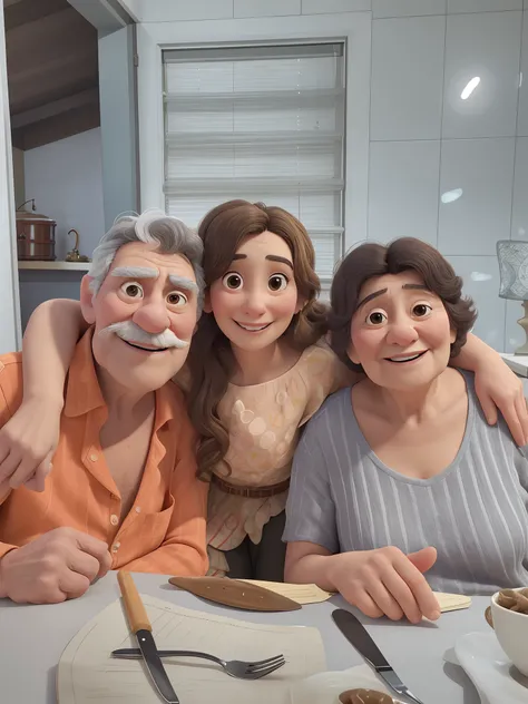 There are three people sitting at a table , grandpa, Granddaughter and Grandma Direction: Nandor Soldier, Valentina Embaralhamento, Happy family, by Amelia Peláez, fernanda suarez, Olivia de Bernardinis, Directed by: Fernando Gerassi, Family photo, momma a...