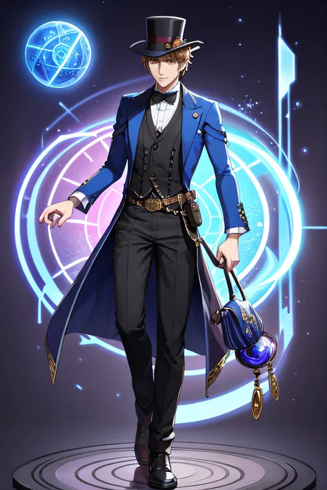 Full body, clockwork sorcerer that looks like doctor who with eyes bright. Wearing a top hat and have a blue pouch on the hip. Full body .