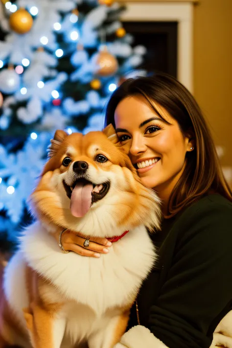 woman holding a dog in front of a christmas tree, pomeranian mix, a still of a happy, with a tree in the background, with dogs, 35mm of a very cute, taken with kodak portra, happily smiling at the camera, shot with a canon 35mm lens, fuji pro 400h, not blu...