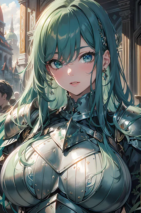 absurd, 8K, high resolution, ultra-detailed, beautiful, masterpiece, best quality, very pretty woman, young, very pretty woman, sexy, (knight armor:1.5), green eyes, blue hair, (straight hair:1.5) sexy, detailed womans face, very attractive, (very large br...