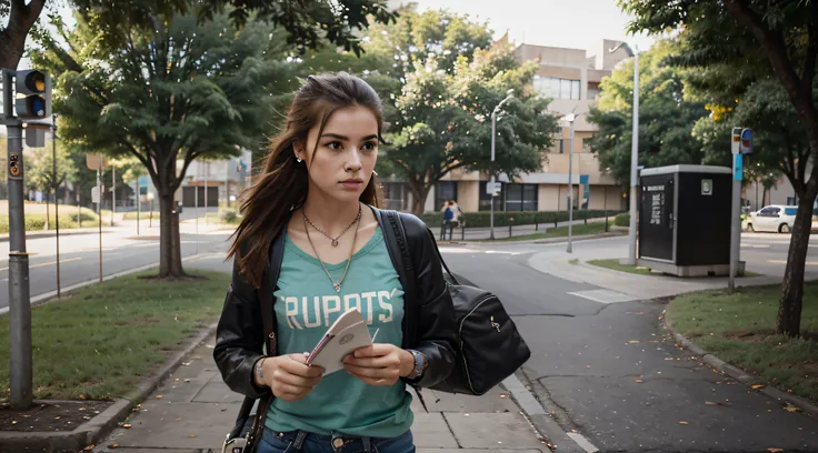 Generate an image of a Brazilian student strolling confidently through a busy university campus. she is tall and slender, com curta marcante, cabelo loiro platinado, who exudes a rebellious spirit;. Her captivating light brown eyes reveal determination and...