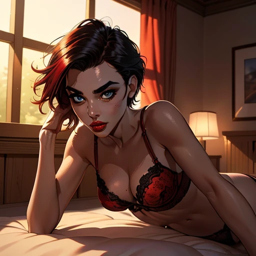 (a woman:black hair:blue eyes:red lips:beautiful detailed face,short-hair),([red lingerie]:sexy:strappy bra:panties),([ladybug]:cute:small:bright red:crawling),([well-defined body]:slender:toned:silhouette),([detailed face]:high cheekbones:graceful nose:fu...