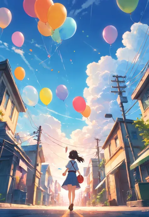 (Masterpiece, Best quality, Ultra-detailed, Extremely detailed Cg Unity 8K wallpaper),A balloon and many balloons fly in the blue sky,blue-sky,Lots of clouds,Colorful balloons,extremely colorful