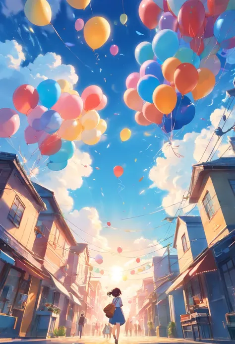 (Masterpiece, Best quality, Ultra-detailed, Extremely detailed Cg Unity 8K wallpaper),A balloon and many balloons fly in the blue sky,blue-sky,Lots of clouds,Colorful balloons,extremely colorful