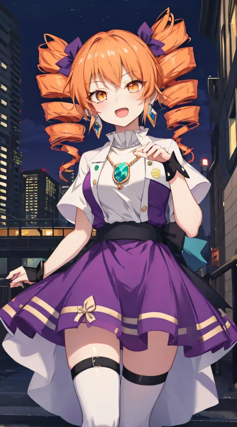 1girl, solo, yorigami jo'on, orange hair, orange eyes, jewelry, pendant, earrings, looking at viewer, outdoors, crowd, makeup, m...