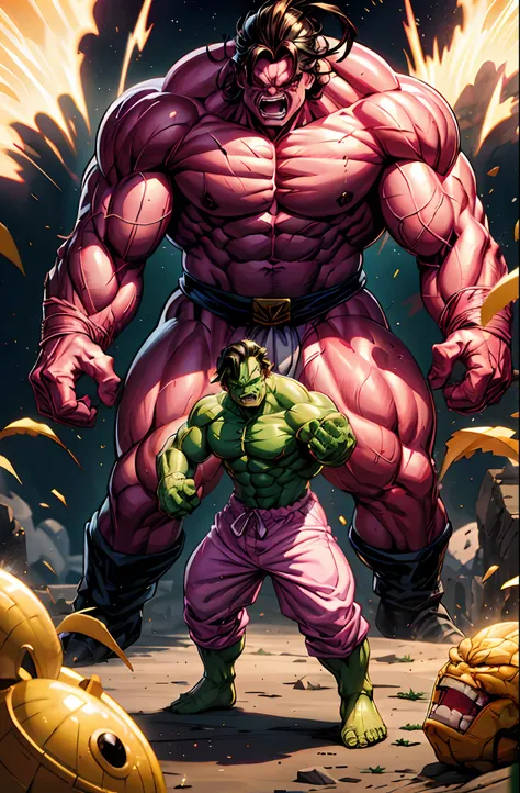 Super Buu fused with the Incredible Hulk. ((The Incredible Hulk)) Pink Skin Hulk, Majin Belt, Majin Outfit, Akira Toriyama art style, Marvel art style, djinn pants, Super Buu.