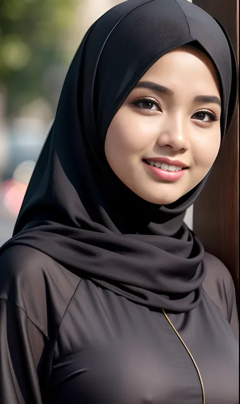 (iu:0.8),cleavage, RAW, Best quality, high resolution, Masterpiece: 1.3,RAW, Best quality, high resolution, work: 1.3), detail face, beautiful Malay woman wearing hijab (iu:0.8), wearing modern Muslim abaya teenage robe, hijab, shawl, optimistic, street ph...