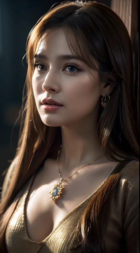 a close up of a woman with long hair and a necklace, Soft portrait shot 8 K, Rendu portrait 8k, cinematic realistic portrait, photorealistic beautiful face, Realistic moody facial lighting, Realistic beautiful face, Makeup. illusory engine, Beautiful reali...