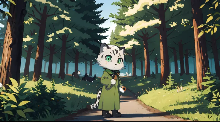 Snow leopard, Furry, white wool, cat tail, green dress, black, Black Boots, In hand is a plush copper, Background Forest