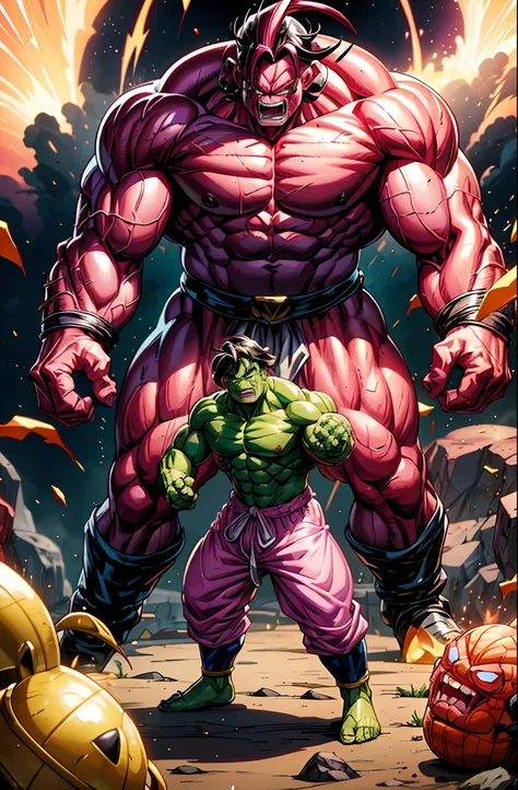 super buu fused with the incredible hulk. ((the incredible hulk)) pink skin hulk, majin belt, majin outfit, akira toriyama art s...