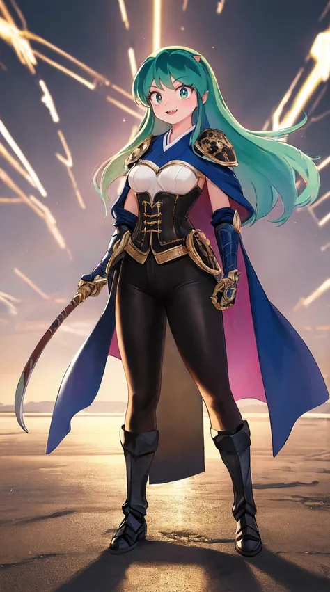 masterpiece, best quality,medieval armor, corset, breastplate,lum, , urusei yatsura, cloak, pants, pullover, kimono,martial pov,, pantyhose, sharpteeth, standing,smile, matial art,, full body, boots , pant, medium breast, pants, pullover,martial pov,god ra...