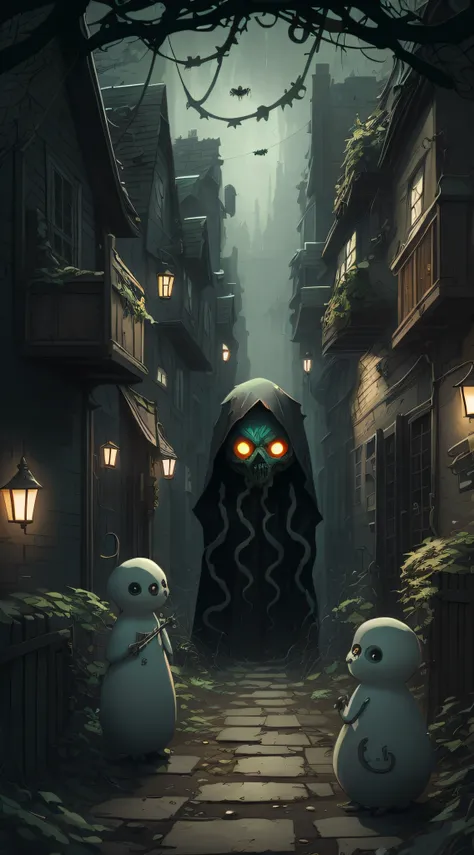 there are three ghost like creatures standing in a narrow alley, stylized urban fantasy artwork, an ominous fantasy illustration, eerie nostalgic concept art, dan mumford tom bagshaw, detailed digital 2d fantasy art, cute detailed digital art, in style of ...