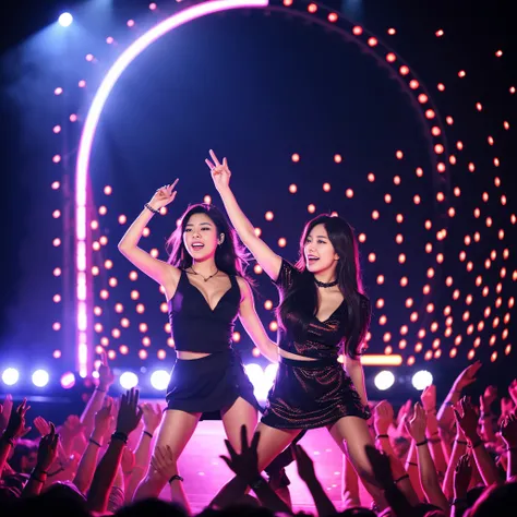 K-pop idols performing on stage, black short tight dresses, song performance, Kpop girl group, riotous atmosphere, stage above the hall, (best quality, 8k, 16k, highres, masterpiece:1.2), ultra-detailed, (realistic, photorealistic, photo-realistic:1.37), p...