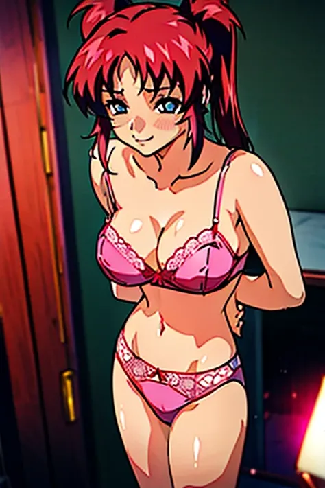 Top image quality、hightquality、Twin-tailed red hair、(((Colossal breasts)))、an lingerie、Lace bra with pink ruffles、Pink bra shoulder straps、Pink lace panties、Large, pretty nipples、Beautiful areola、beauty legs、natta、a room、blushed face、Moist eyes、Seduce a ma...