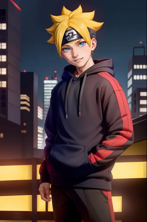 masterpiece, ultra-detailed, 1boy, male focus, upper body shot, uzumaki boruto wearing maroon streetwear hoodie, yellow hair, bl...