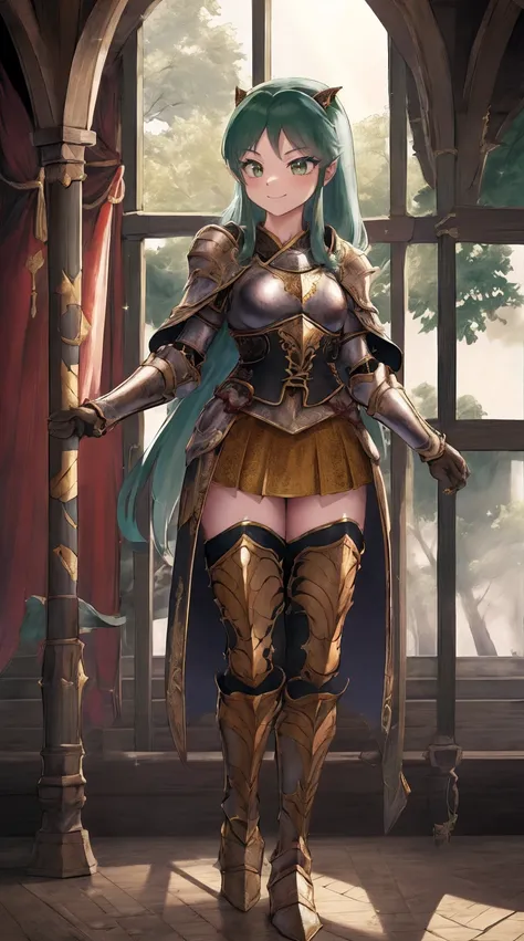 masterpiece, best quality,medieval armor, corset, breastplate,lum, , urusei yatsura, cloak, pants, pullover, kimono,martial pov,, pantyhose, sharpteeth, standing,smile, matial art,, full body, boots , pant, medium breast, pants, pullover,martial pov,god ra...