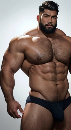 Draw a handsome and dashing Asian muscular man，Height 220 cm，Weight 180 kg，Covered with a sloppy beard，The pectoral muscles are very strong and very large，Naked wearing only sexy panties，A little shy but showing off his figure，The testicles are also very l...