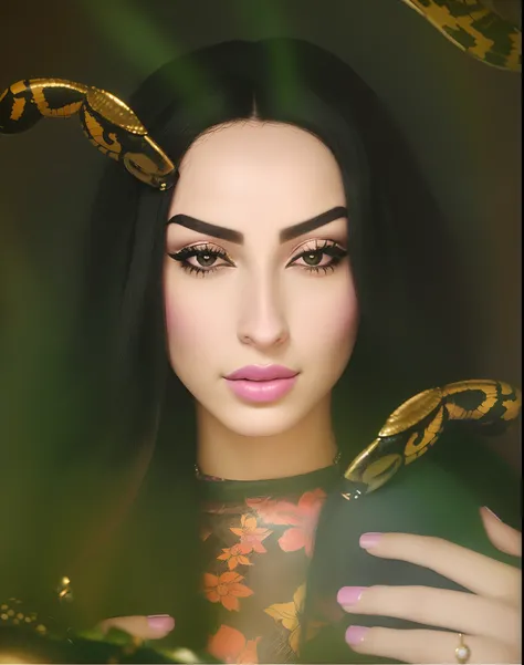 A closeup of a person with a fake eye and a fake hand, portrait of a scorpion goddess, suas muitas cobras como cabelo;, Rainha das Cobras, inspirado em Julia Pishtar, Inspirado em Reyna Rochin, com chifres, olhar feroz e selvagem, com cobras para cabelo, R...