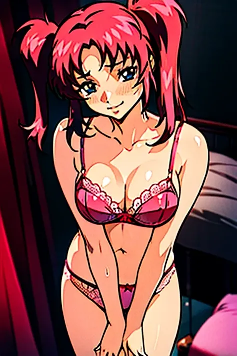 Top image quality、hightquality、Twin-tailed red hair、(((Colossal breasts)))、an lingerie、Lace bra with pink ruffles、Pink bra shoulder straps、Pink bra hooks、Pink lace panties、Large, pretty nipples、Beautiful areola、beauty legs、natta、a room、a bed、blushed face、M...