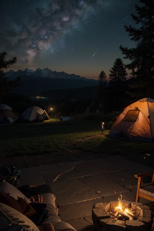 pinterest banner in lanscape format Expansive landscape photograph，（look from down，Above is the sky，Below is an open lawn），Triangle tent，A young couple looking at the stars，starrysky，（moon full：1.2），（meteors：0.9），（Starcloud：1.3），Triangle tent，Hillside camp...