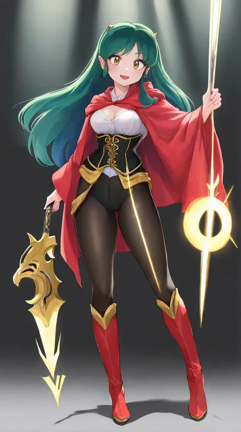 masterpiece, best quality,, corset, breastplate,lum, , urusei yatsura, cloak, pants, pullover kimono,martial pov,, pantyhose, sh...