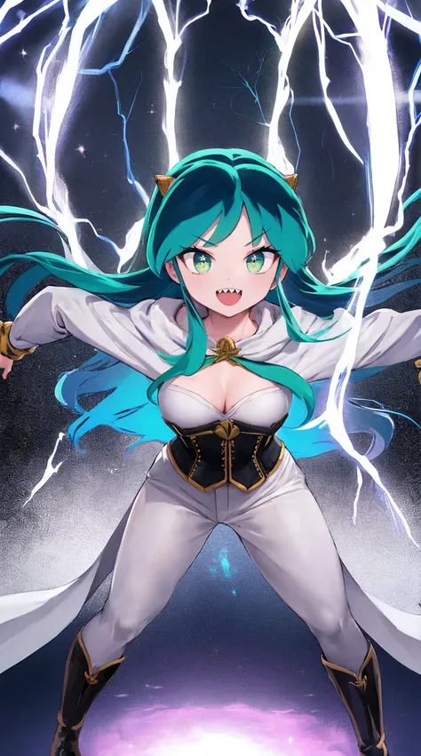 masterpiece, best quality,, corset, breastplate,lum, , urusei yatsura, cloak, pants, pullover kimono,martial pov,, pantyhose, sharpteeth, standing,smile, matial art,, full body, boots , pant, medium breast, pants, pullover,martial pov,god rays, ray tracing...