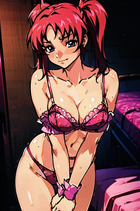 Top image quality、hightquality、Twin-tailed red hair、(((Colossal breasts)))、an lingerie、Lace bra with pink ruffles、Pink bra shoulder straps、(((Bras with unfastened clasps)))、Pink lace panties、Large, pretty nipples、Beautiful areola、beauty legs、natta、a room、a...