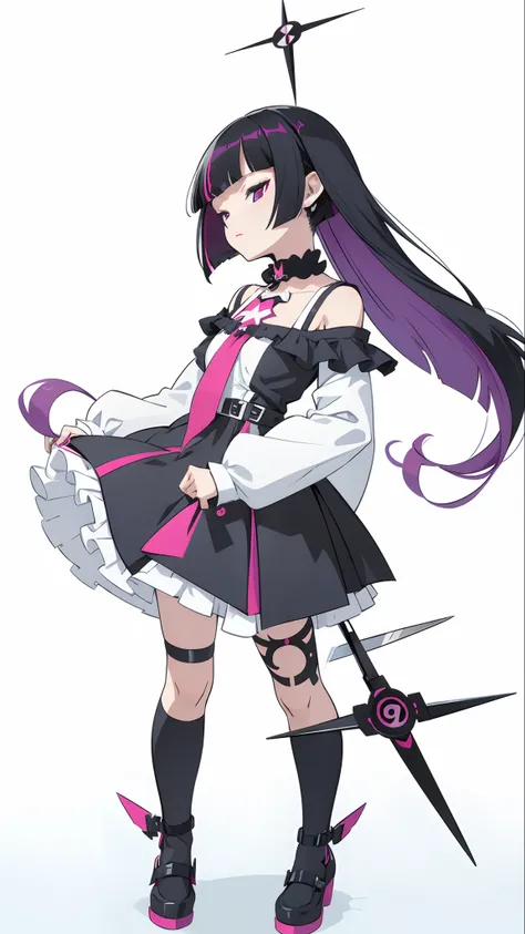 flat design, material design, deformed pop art, Adobe Illustrator, anime character, one sleepy lolita, full shot, magenta gothic lolita, black hair, medium bob hair, (asymmetric bangs:1.5), compass, cutter knife, ruler, scissors, Senjougahara Hitagi style.