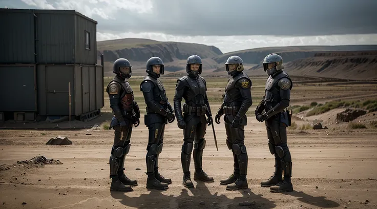 there are four men in helmets standing in a line, cyber steampunk 8 k 3 d, television screenshot, the fifth series, mugshots, anthropomorphic machine, standing in wasteland, wales, promotional shot