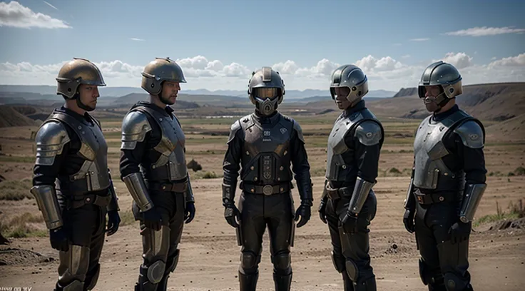 there are four men in helmets standing in a line, cyber steampunk 8 k 3 d, television screenshot, the fifth series, mugshots, anthropomorphic machine, standing in wasteland, wales, promotional shot