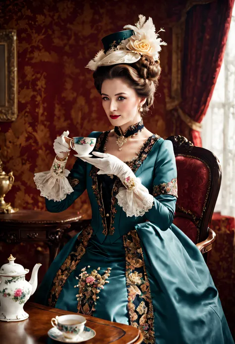 a very elegantly dressed lady drinking a very hot and steaming cup of tea.
professional portrait, [detailed], [vivid colors], [r...