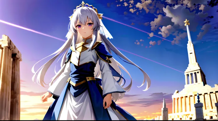 Cute very little girl Illyasviel from fate has long silvery-white hair,pink eyes,wearing golden armor and very long skirt,greek Acropolis in background,very little girl,loli,kawaii,anime style,Lumen Reflections,Screen Space Reflections,Diffraction Grading,...