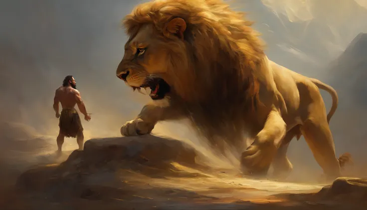 Unique image Samson strong body,cabelos grandes,Fighting with a lion,Epic lightning fight in the background, luta em 4k pintura 4k hd, Great Samson, In the foreground the lion in the background