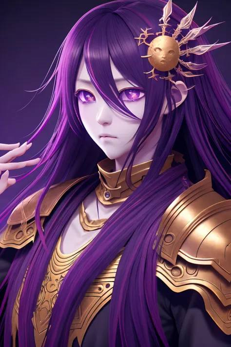 elden ring style Hoshino Ai, long hair, purple hair, streaked hair ,purple eyes, star-shaped pupils, hair ornament