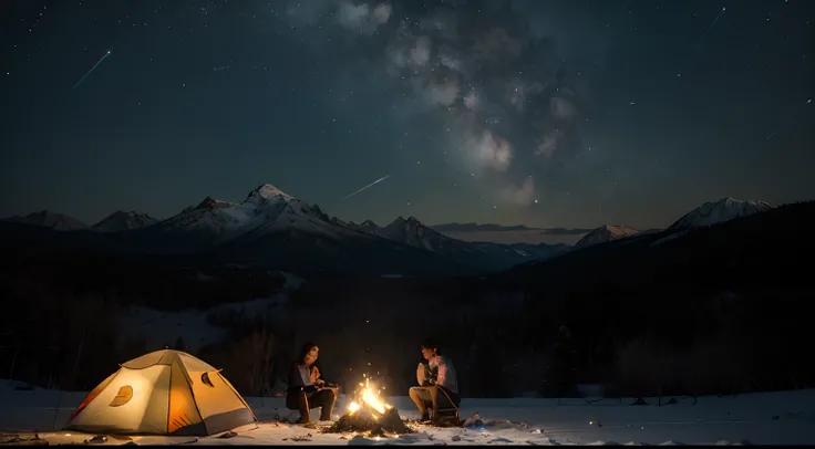 pinterest banner in landscape format Expansive landscape photograph，（look from down，Above is the sky，Below is an open lawn），Triangle tent，A young couple looking at the stars，starrysky，（moon full：1.2），（meteors：0.9），（Starcloud：1.3），Triangle tent，Hillside cam...