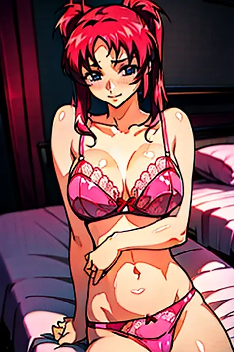 Top image quality、hightquality、Twin-tailed red hair、(((Colossal breasts)))、an lingerie、Exposed chest、Lace bra with pink ruffles with unfastened clasp、Pink bra shoulder straps、Pink lace panties、Large, pretty nipples、Beautiful areola、beauty legs、natta、a room...