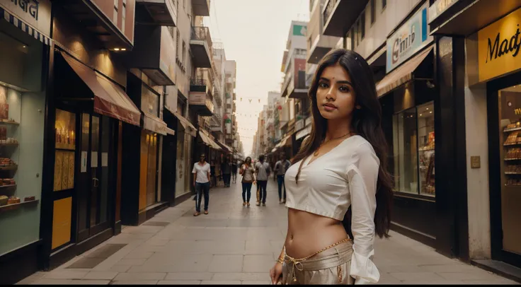 full body, long_hair, Indian girl gorgeous, city girl, Indian city , pant and top, beautiful girl, shopping in the city, (masterpiece), best quality, high resolution, extremely detailed, blurred background, depth of field, cinematic lighting,