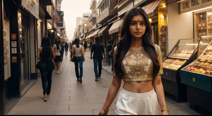 full body, long_hair, Indian girl gorgeous, city girl, Indian city , pant and top, beautiful girl, shopping in the city, (masterpiece), best quality, high resolution, extremely detailed, blurred background, depth of field, cinematic lighting,